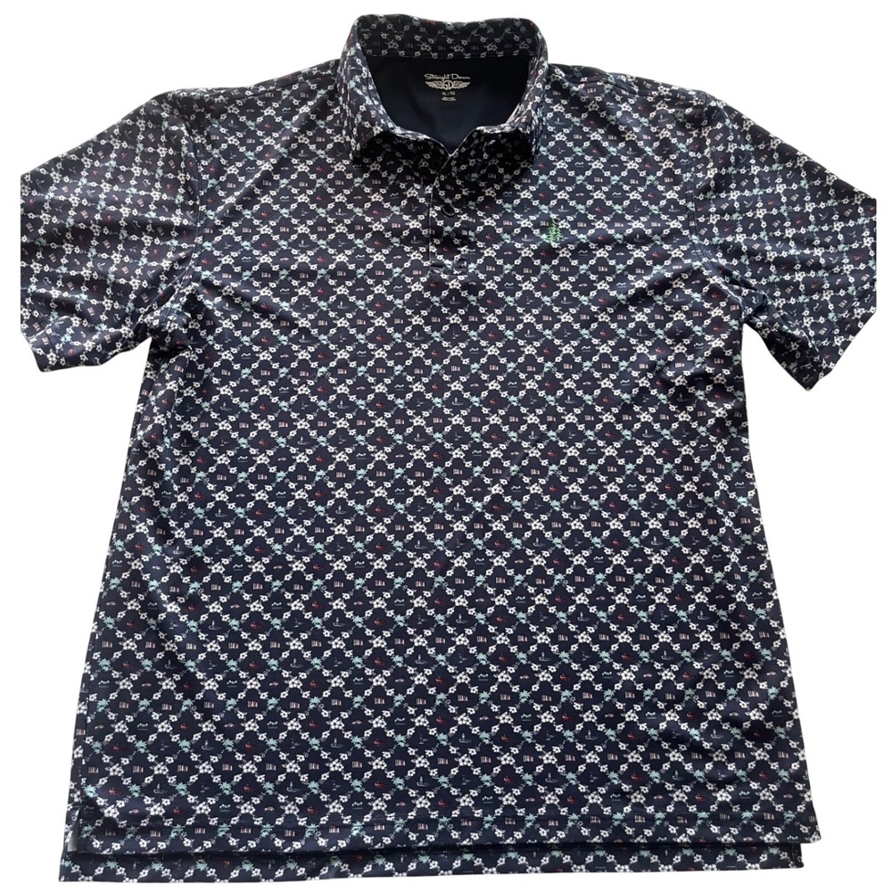 Straight Down Mens XL Performance Golf Polo Navy Blue Tropical Stretch Floral